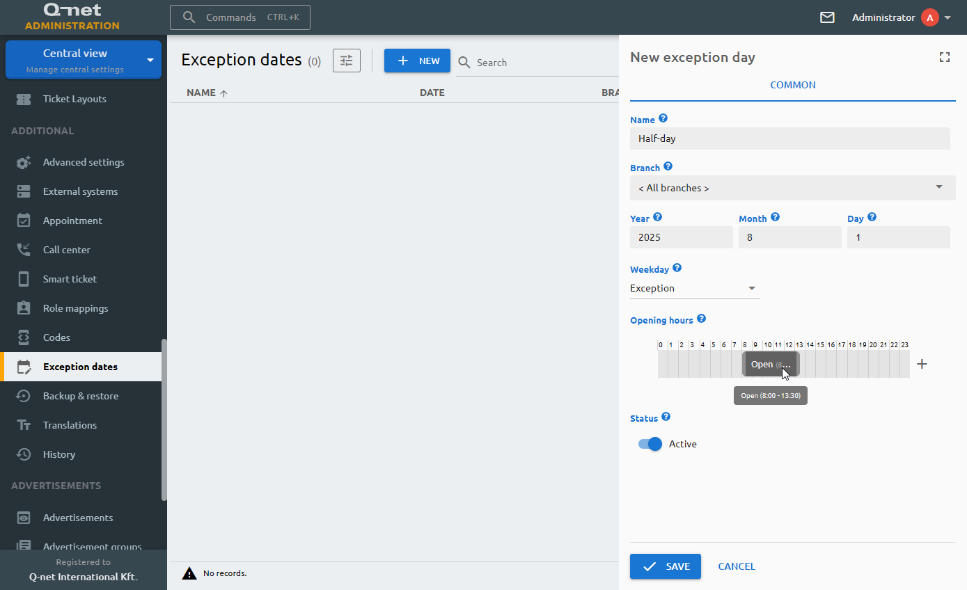 Exception days Custom opening hours